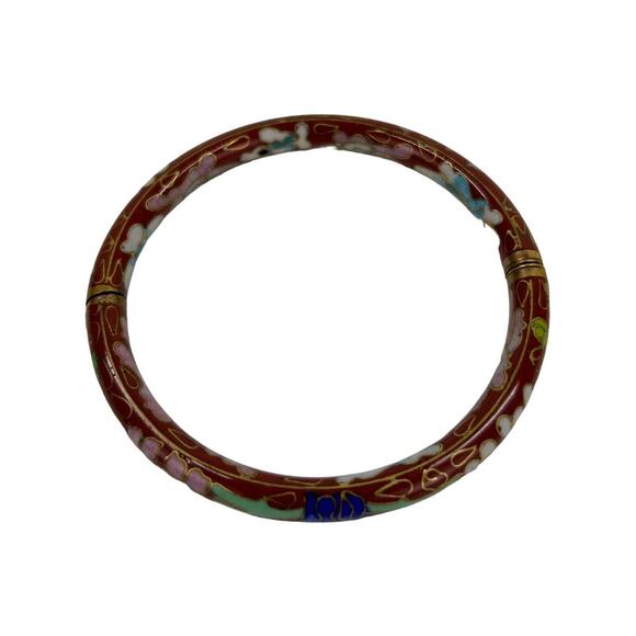 Hinged Bangle Bracelet Cloisonne Multicolor Flowers Brown Enamel Chinese Export - Picture 2 of 3